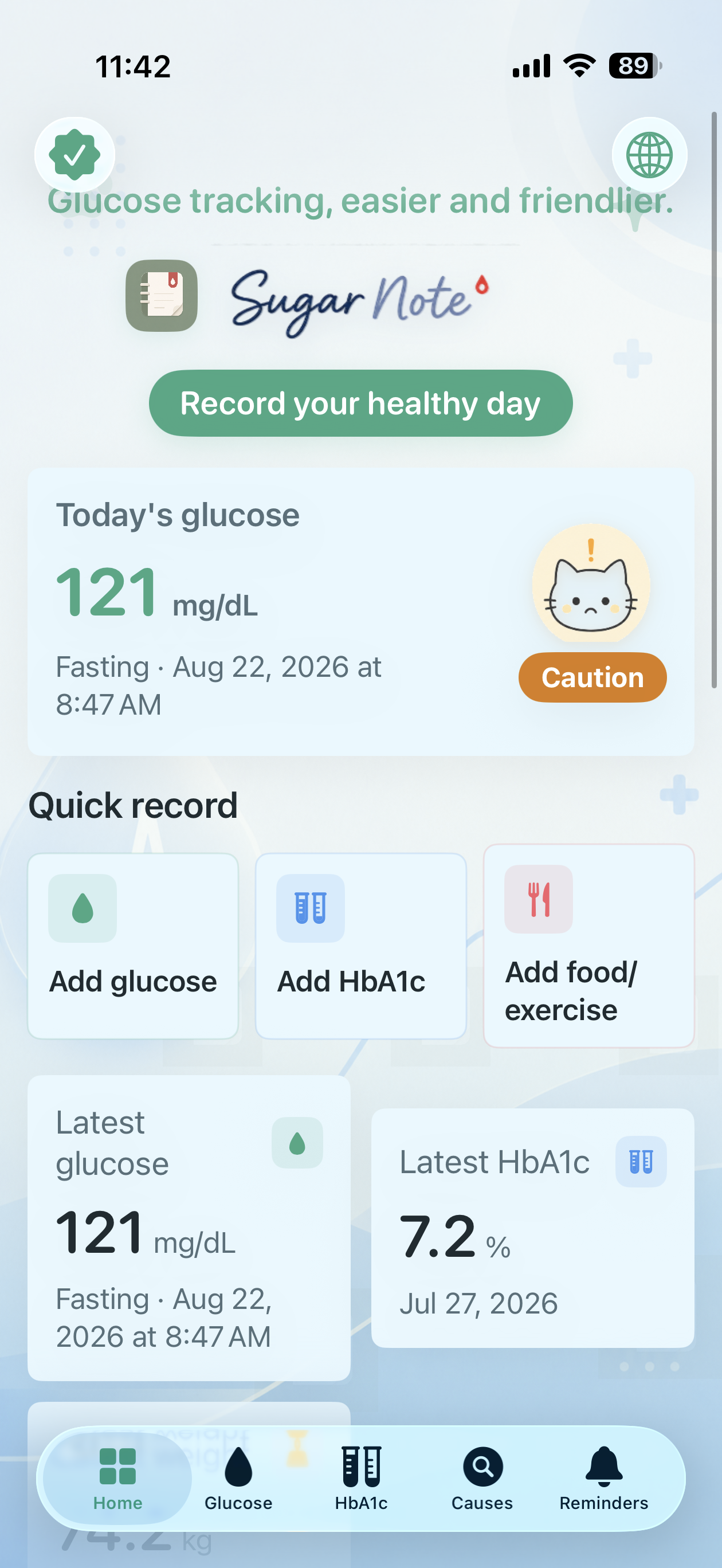 SugarNote English home screen